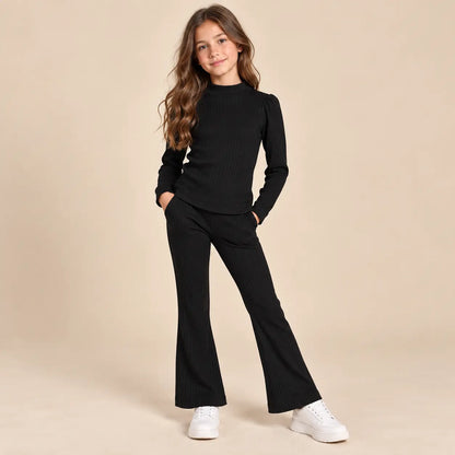 14 year girl wearing Girls Ribbed T-shirt &amp; Leggings - Black