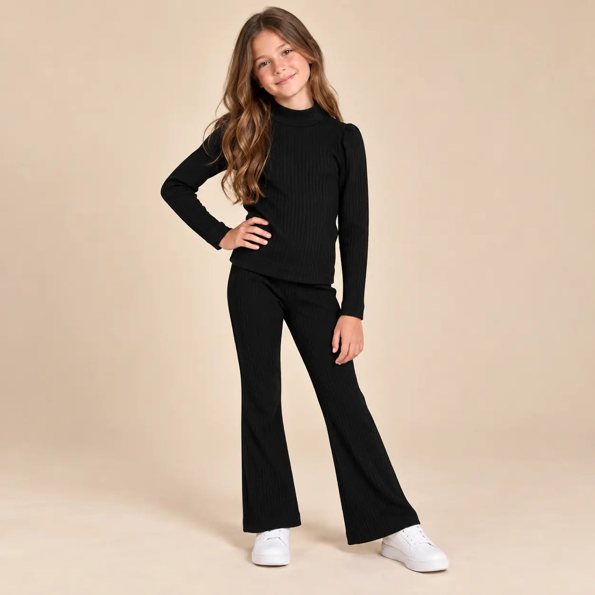 14 year girl wearing Girls Ribbed T-shirt &amp; Leggings - Black second pose