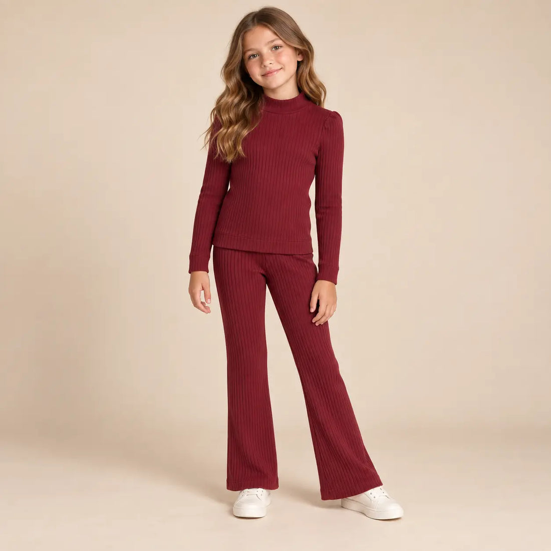 10 year girl wearing Girls Ribbed T-shirt &amp; Flared Leggings - Burgundy