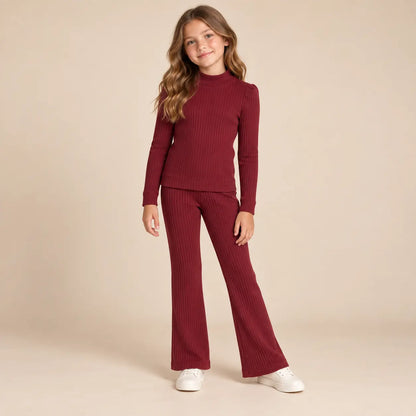 10 year girl wearing Girls Ribbed T-shirt &amp; Flared Leggings - Burgundy