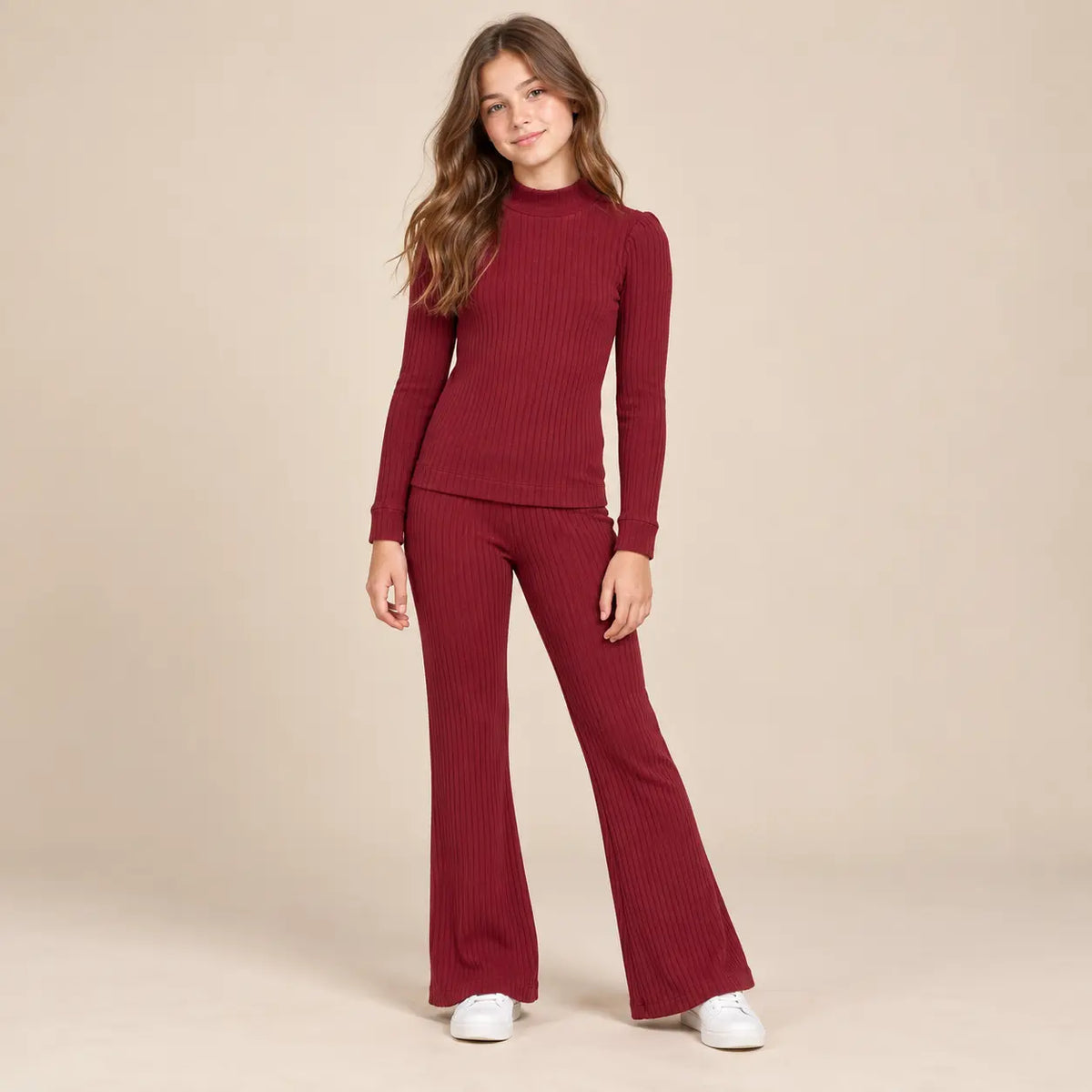 14 year girl wearing Girls Ribbed T-shirt &amp; Flared Leggings - Burgundy