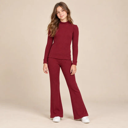 14 year girl wearing Girls Ribbed T-shirt &amp; Flared Leggings - Burgundy