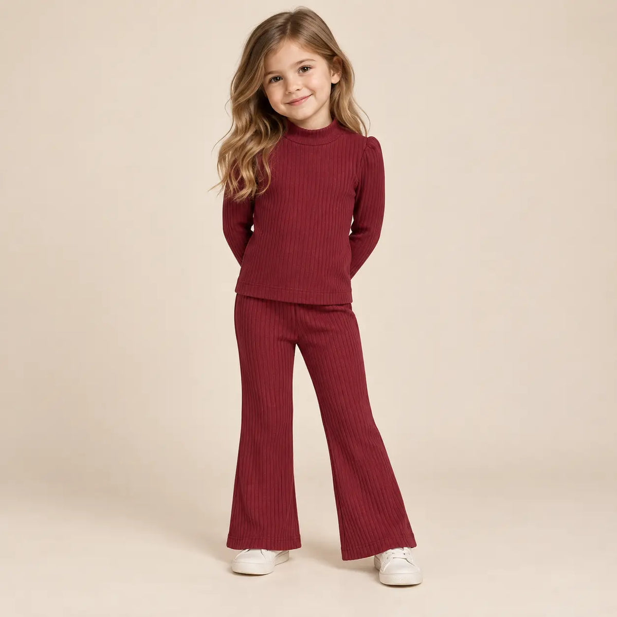 4 year girl wearing Girls Ribbed T-shirt &amp; Flared Leggings - Burgundy