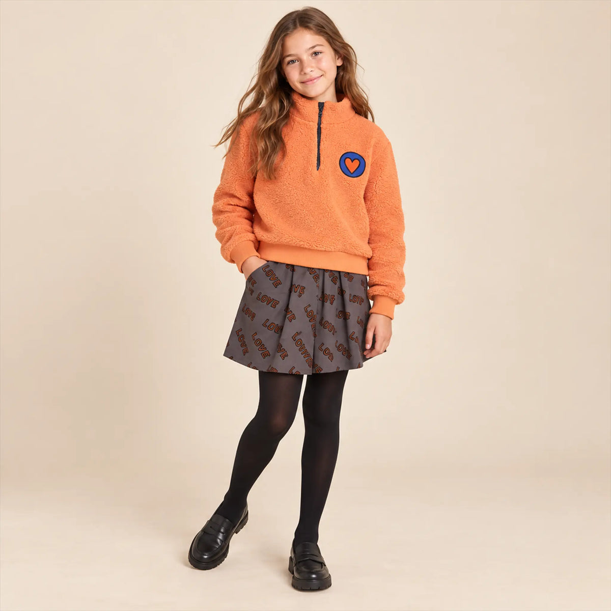 Heart Eyes sweater lookbook, girl size 11-12Y, three-quarter
