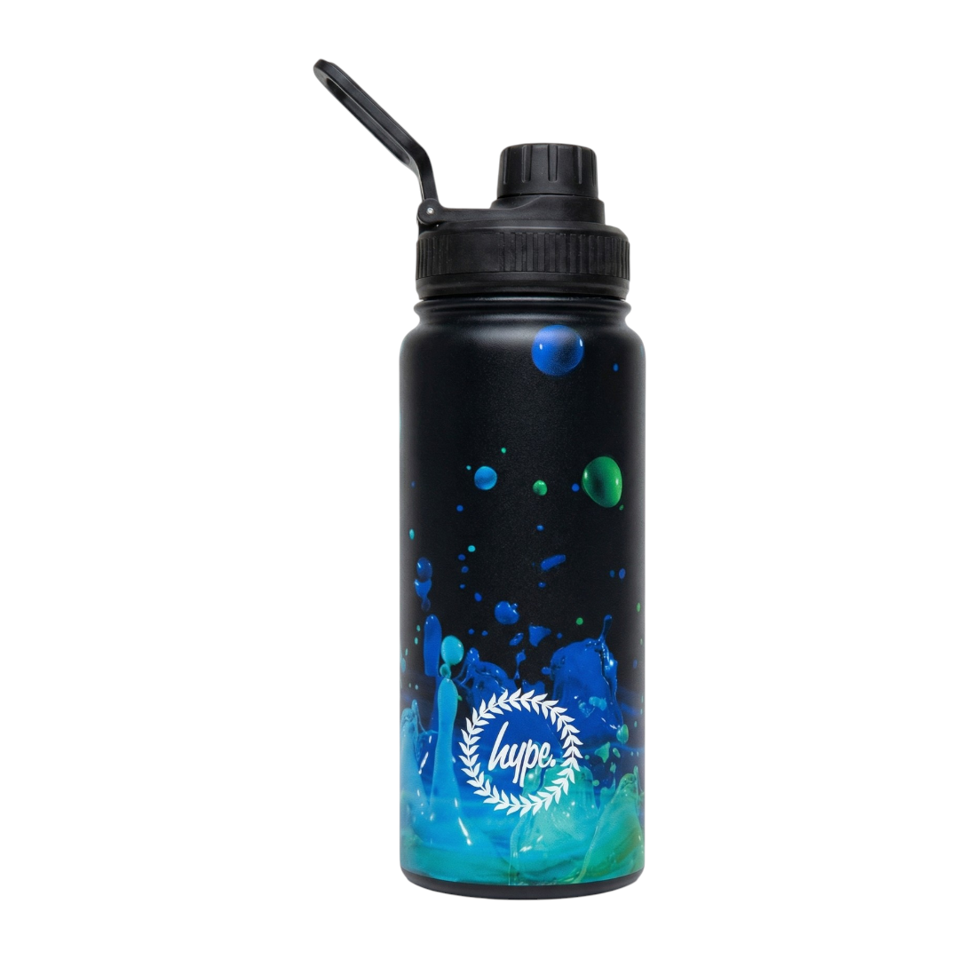 Black Metal Water Bottle with 3D Droplets