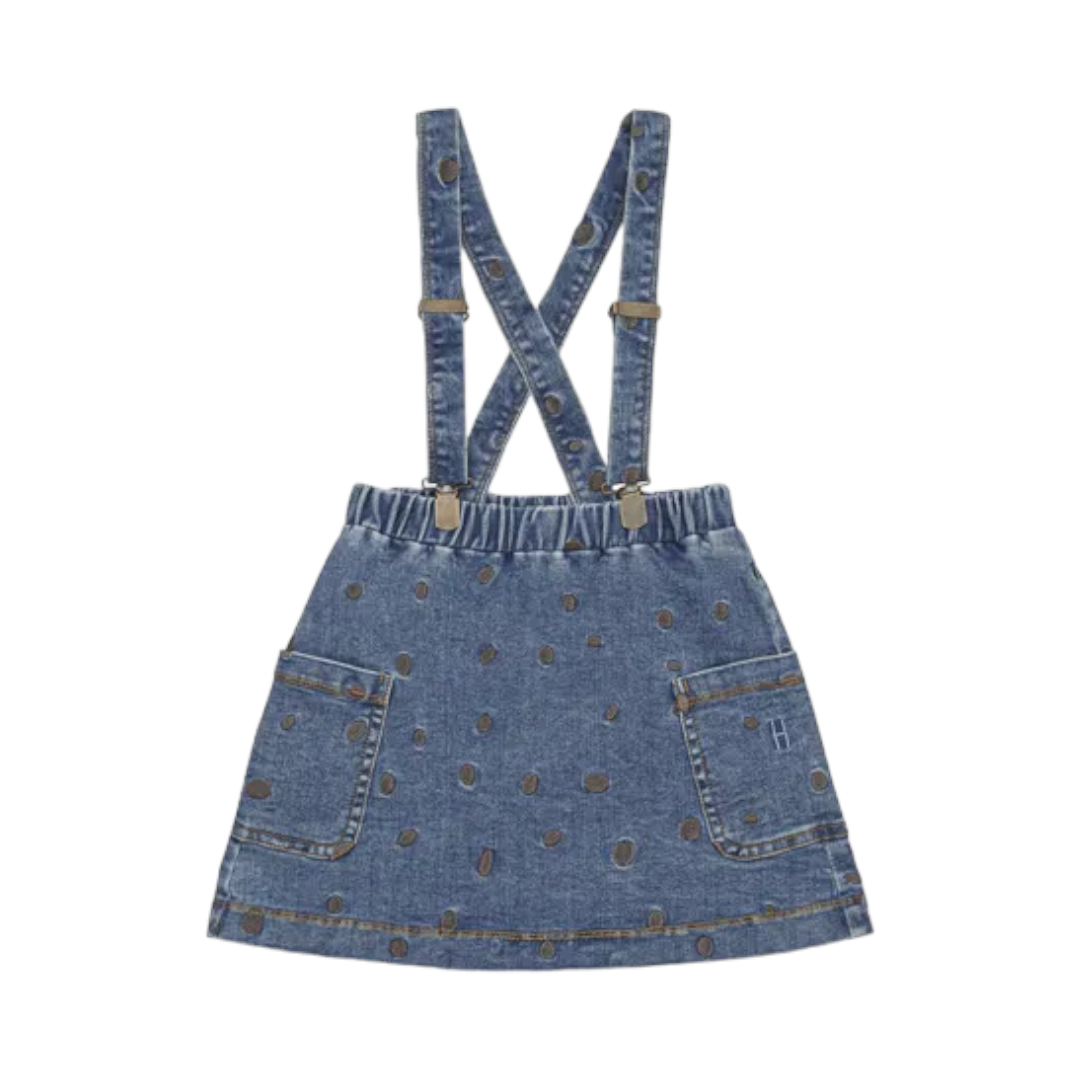 Shoulder Strap Skirt Mia Light Blue Denim with embroidered Dots