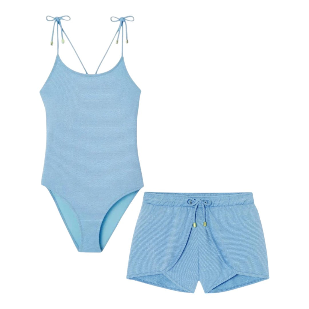 Bahamas One Piece Lurex Swimsuit &amp; Shorts - Light Blue &amp; Gold