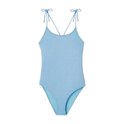 Bahamas One Piece Lurex Swimsuit &amp; Shorts - Light Blue &amp; Gold