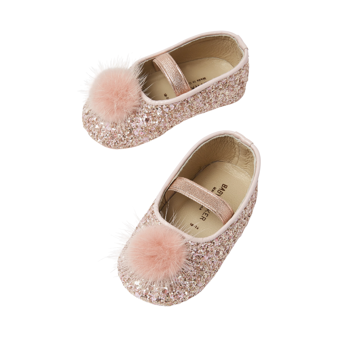 Pom Pom Embellished Glitter Fabric Ballerinas - Pink