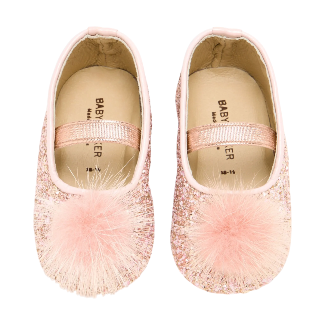 Pom Pom Embellished Glitter Fabric Ballerinas - Pink