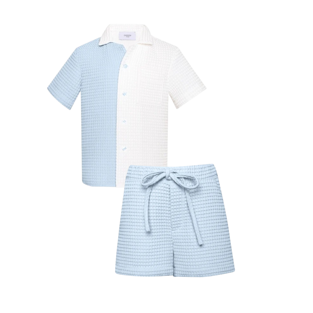 White & Blue Waffle Cotton Shorts Set