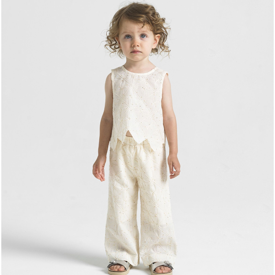 Girls Ecru Embroidered Rhombus Top &amp; Pants Set
