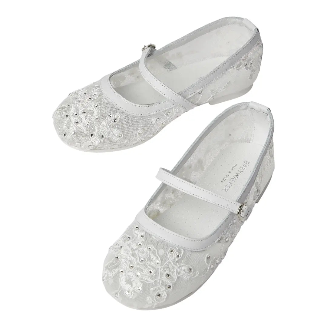 BabyWalker White Lace &amp; Rhinestone Girls Ballerina Shoes BABYWALKER