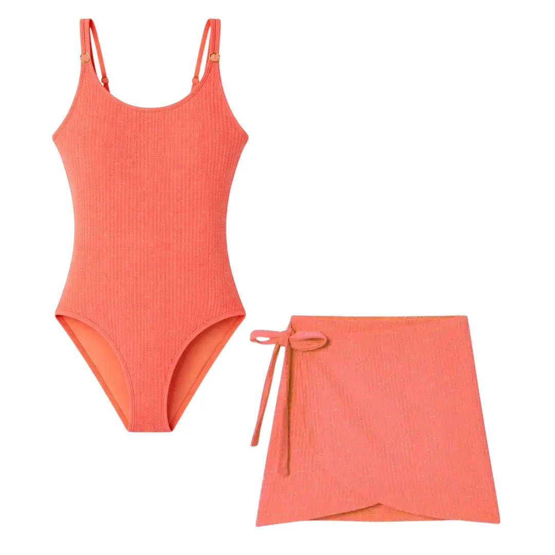 Coral Neon Swimsuit &amp; Wrap Skirt Set Lison Paris