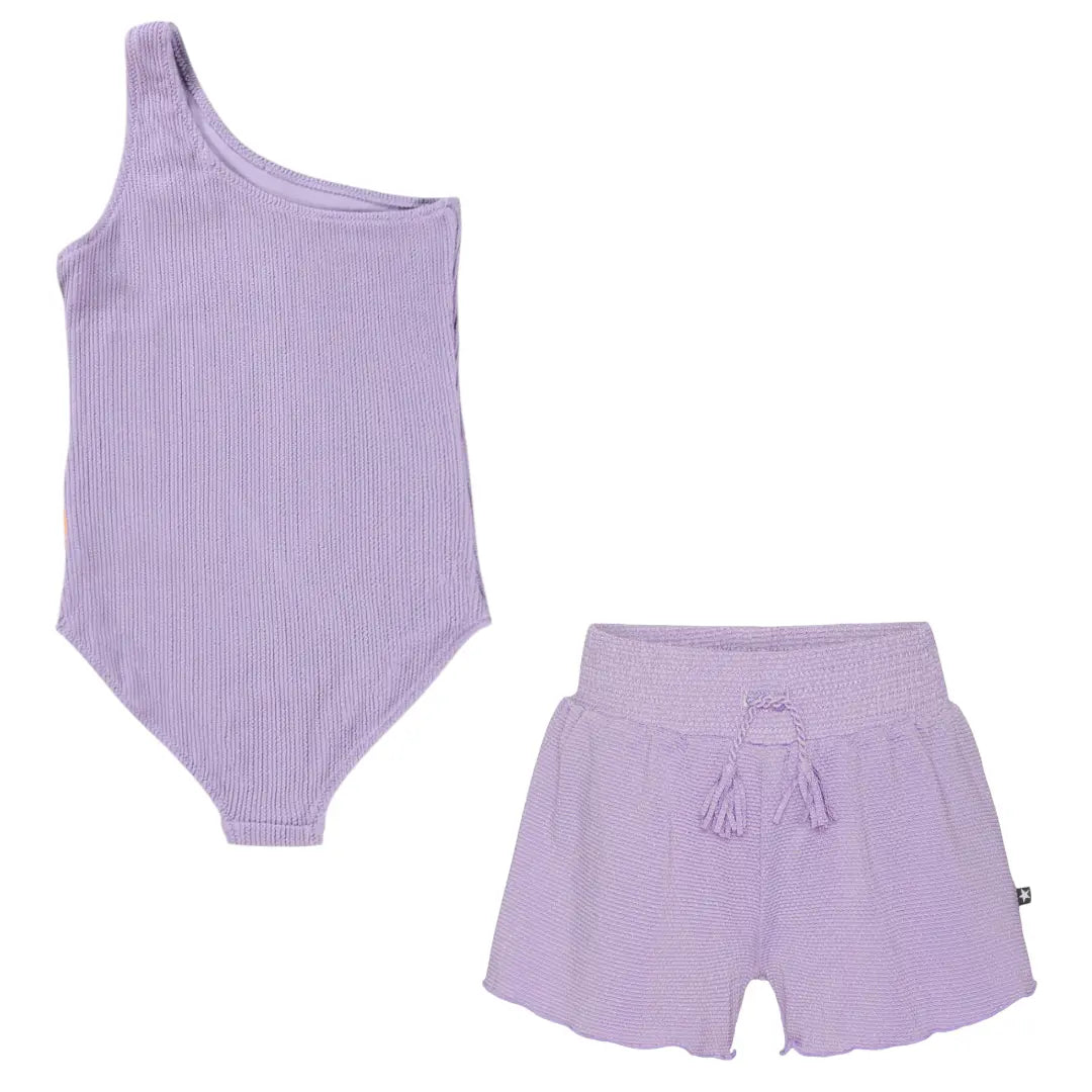 Lavender Gold Shimmer Girls Swimsuit and Shorts Set Molo