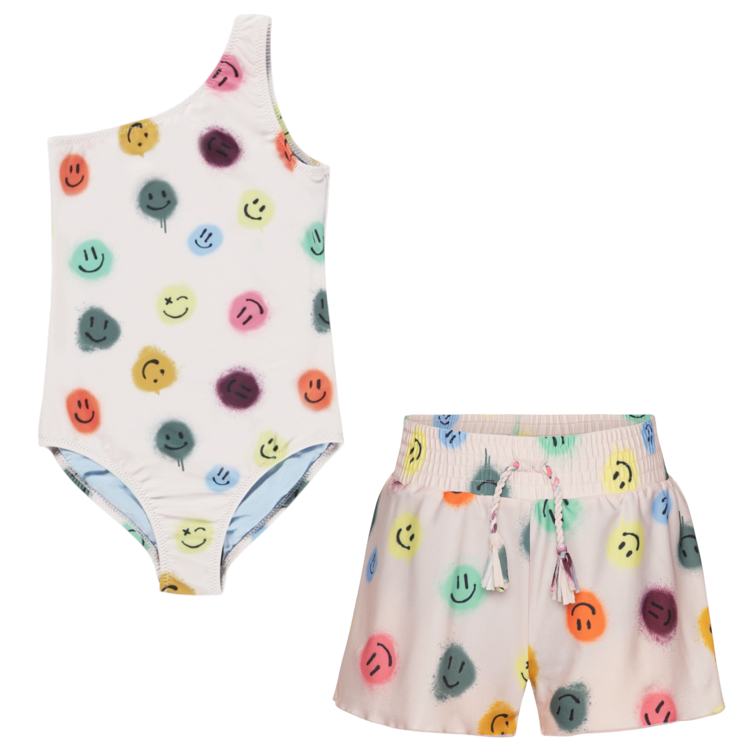Girls Happy Dots One-Shoulder Swimsuit &amp; Swim Shorts Set