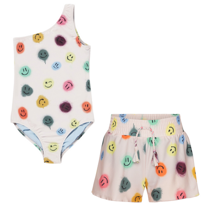 Girls Happy Dots One-Shoulder Swimsuit &amp; Swim Shorts Set