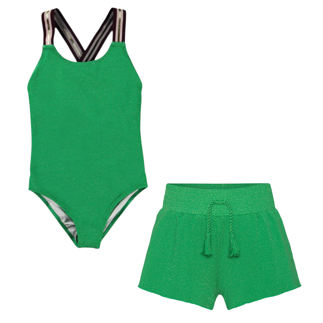 Girls Green Bee Swimsuit &amp; Trunks Set