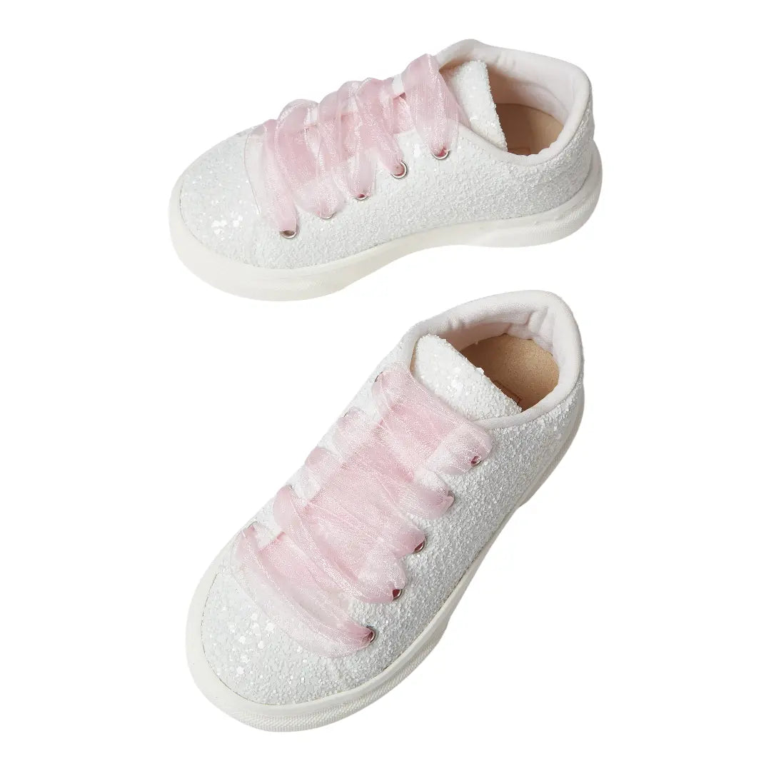 BabyWalker White Glitter Girls Sneakers with Pink Tulle Laces BABYWALKER