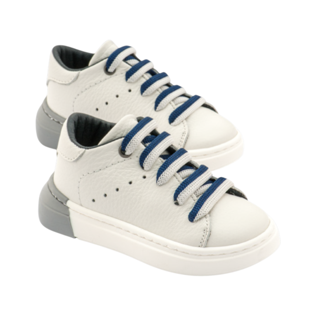 White Leather Boys Sneakers with Blue Laces BABYWALKER
