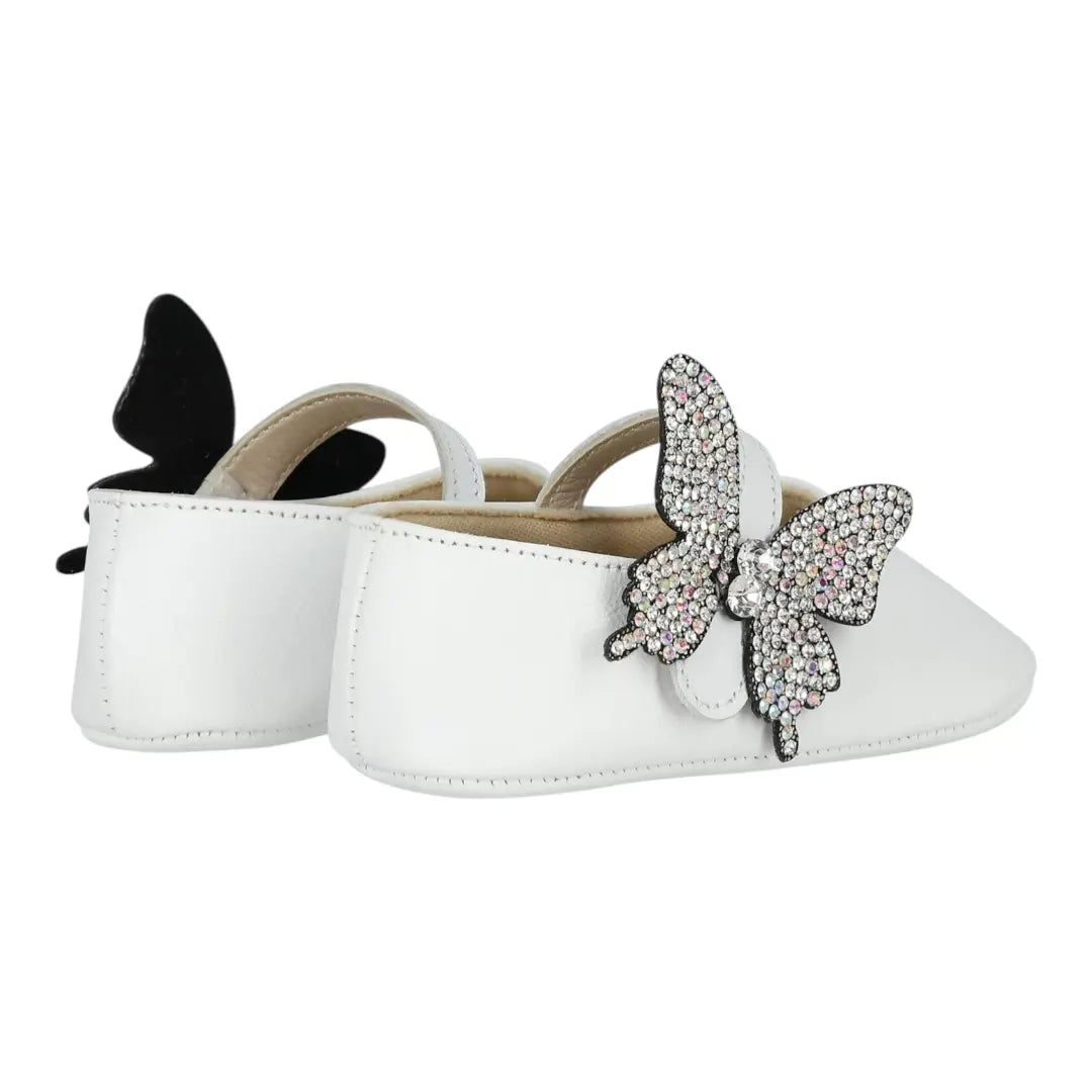 BabyWalker White Leather Baby Ballerina Shoes with Side Crystal Butterfly BABYWALKER
