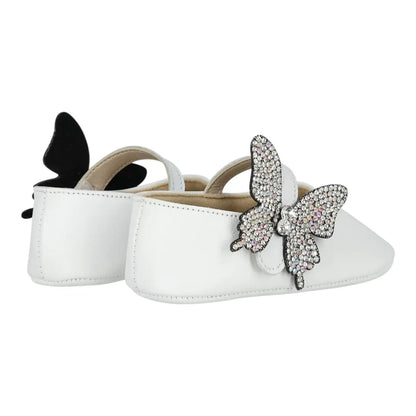 BabyWalker White Leather Baby Ballerina Shoes with Side Crystal Butterfly BABYWALKER