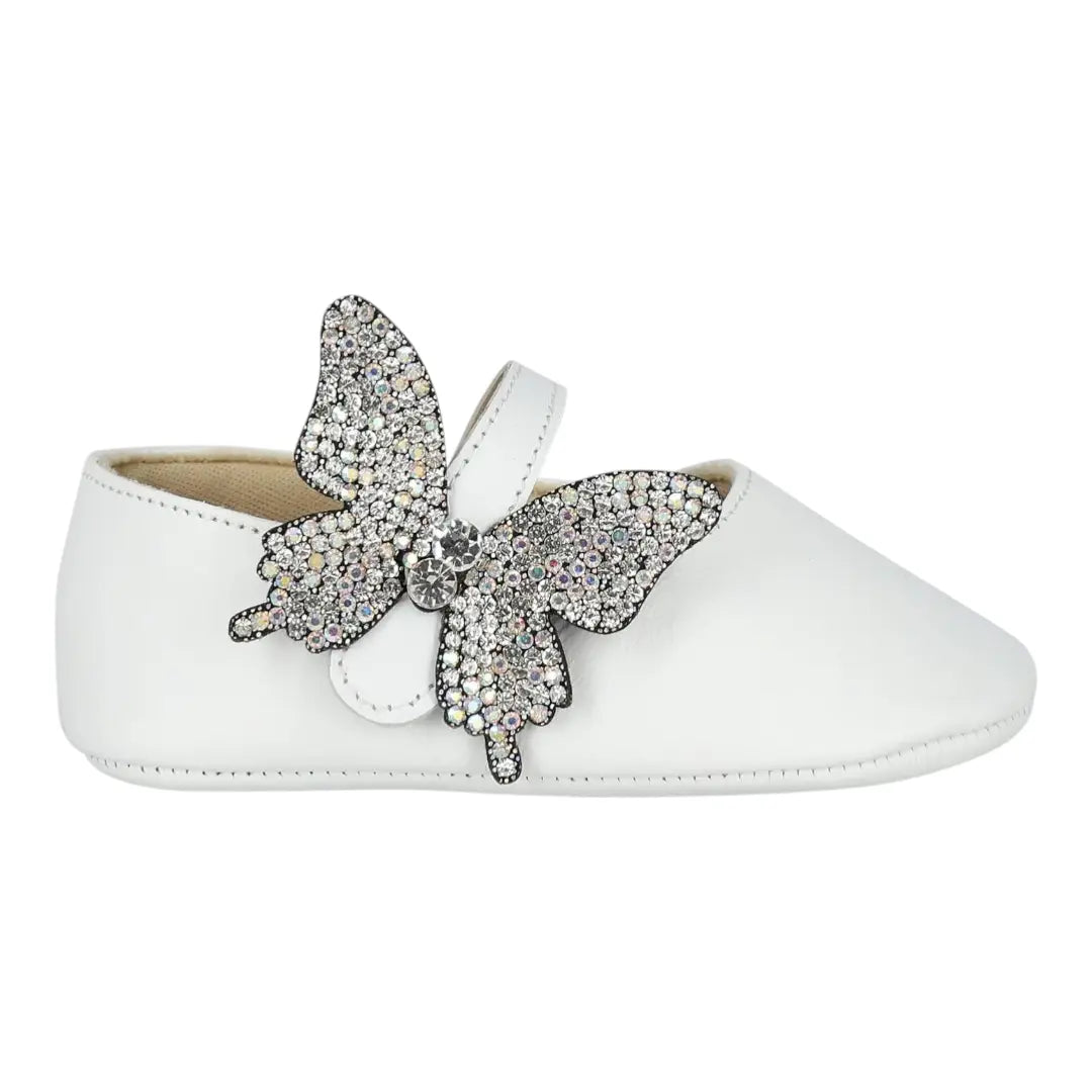 BabyWalker White Leather Baby Ballerina Shoes with Side Crystal Butterfly BABYWALKER