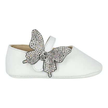 BabyWalker White Leather Baby Ballerina Shoes with Side Crystal Butterfly BABYWALKER