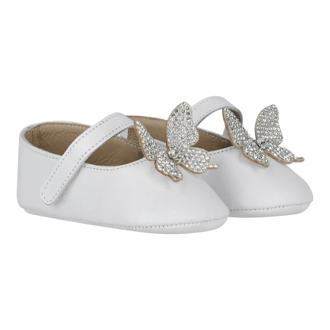 BabyWalker White Leather Baby Girl Shoes with Crystal Butterfly BABYWALKER