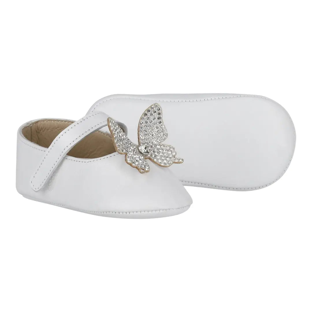 BabyWalker White Leather Baby Girl Shoes with Crystal Butterfly BABYWALKER