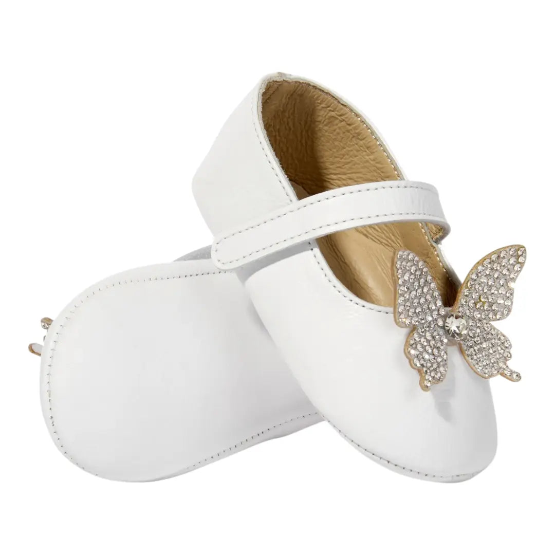BabyWalker White Leather Baby Girl Shoes with Crystal Butterfly BABYWALKER