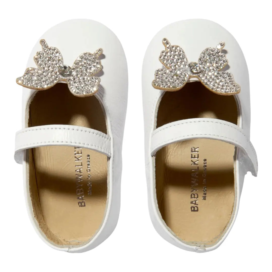 BabyWalker White Leather Baby Ballerina Shoes with Side Crystal Butterfly BABYWALKER