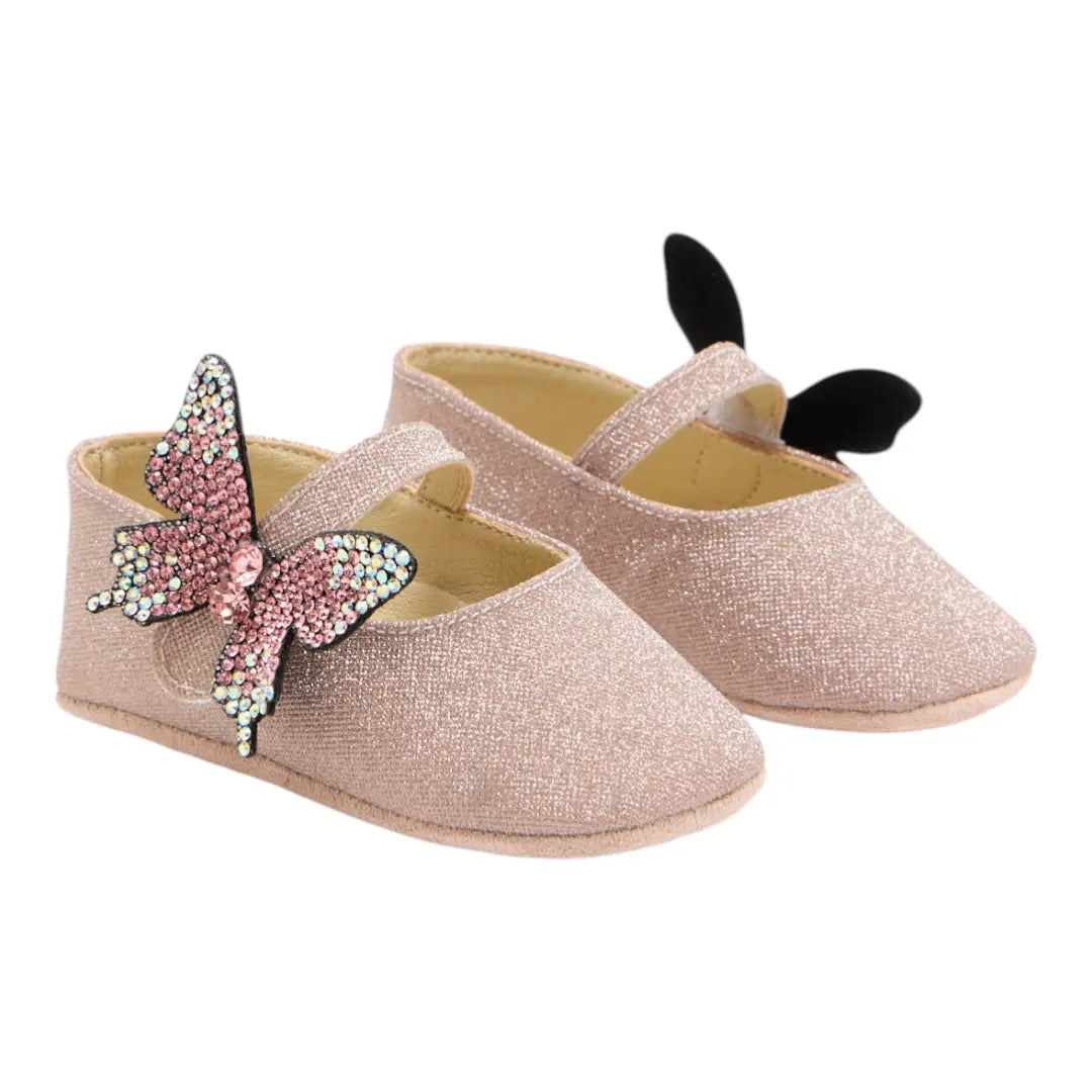 BabyWalker Dusty Pink Glitter Baby Girls Ballerina Shoes with Butterfly BABYWALKER