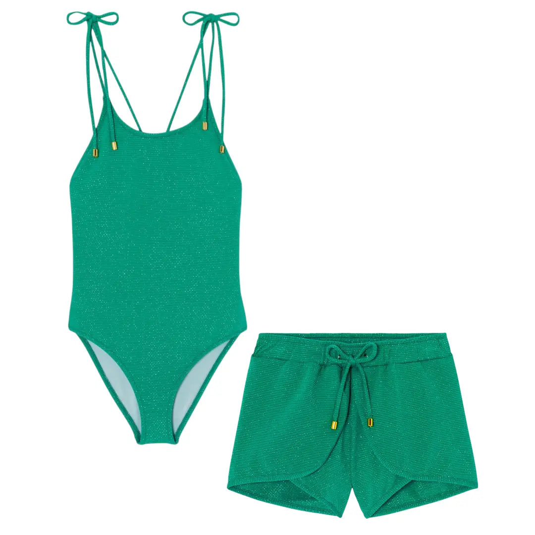 Peacock Green &amp; Gold Bahamas Swimsuit &amp; Shorts Lison Paris