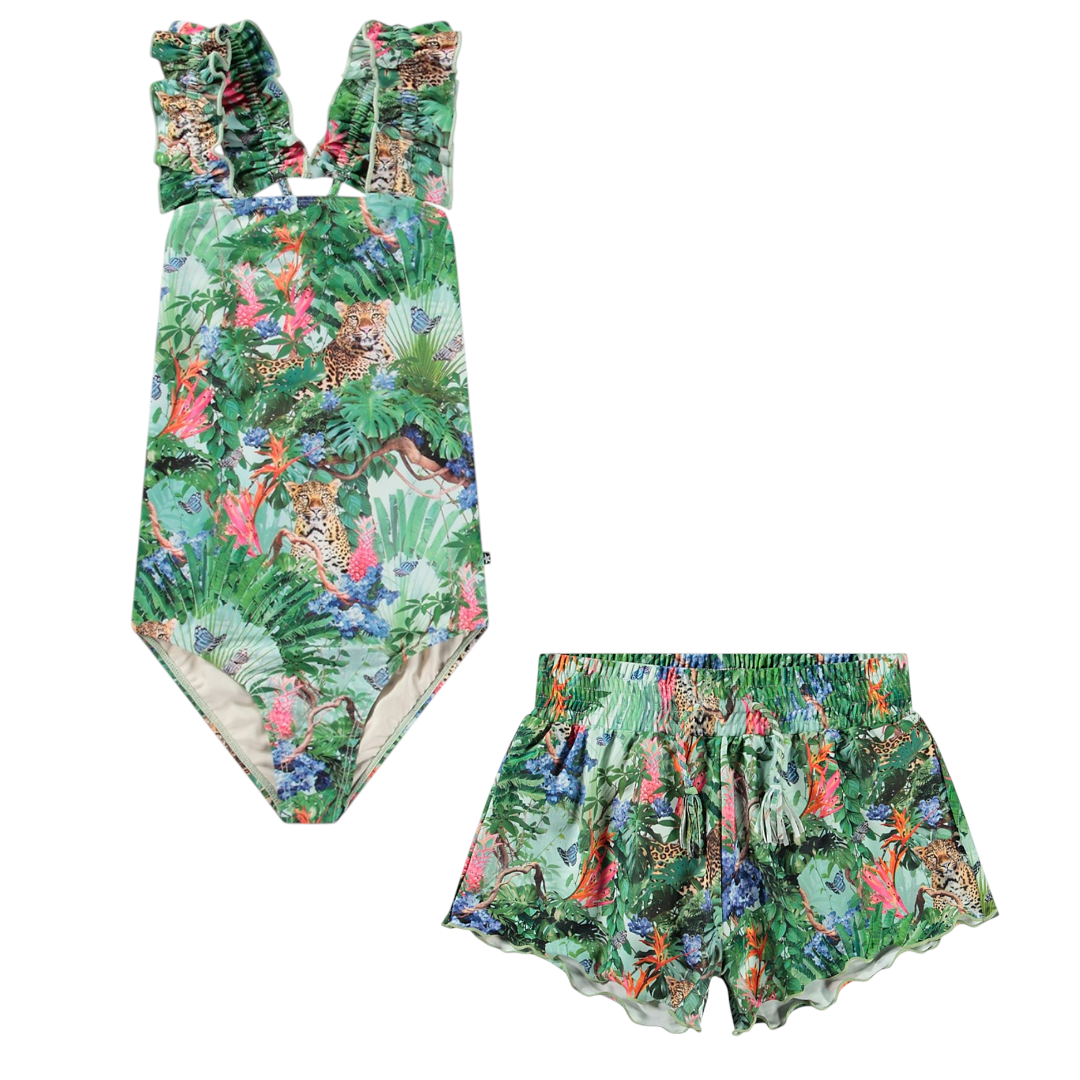 Girls Green Tropical Swimsuit &amp; Shorts Set