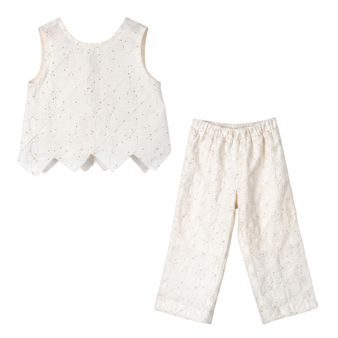 Girls Ecru Embroidered Rhombus Top &amp; Pants Set