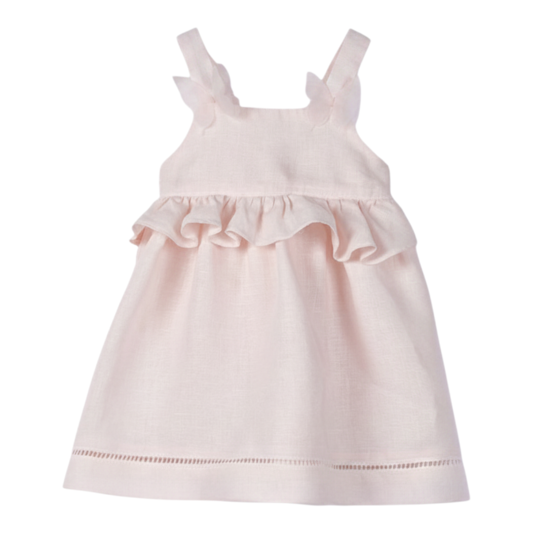 Girls Marshmallow Pink Linen Dress with Daisy Details
