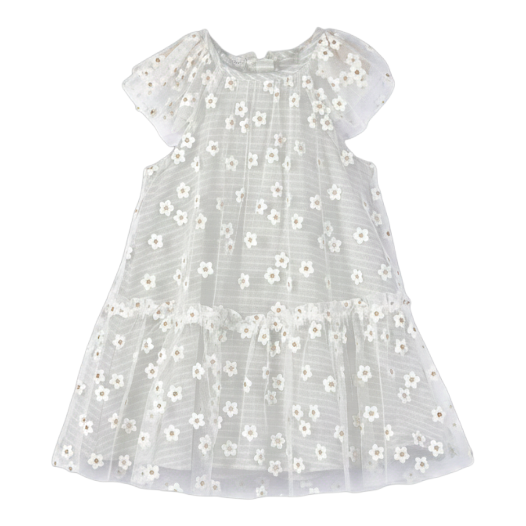 Girls Striped Daisies Cotton Dress with Tulle Details