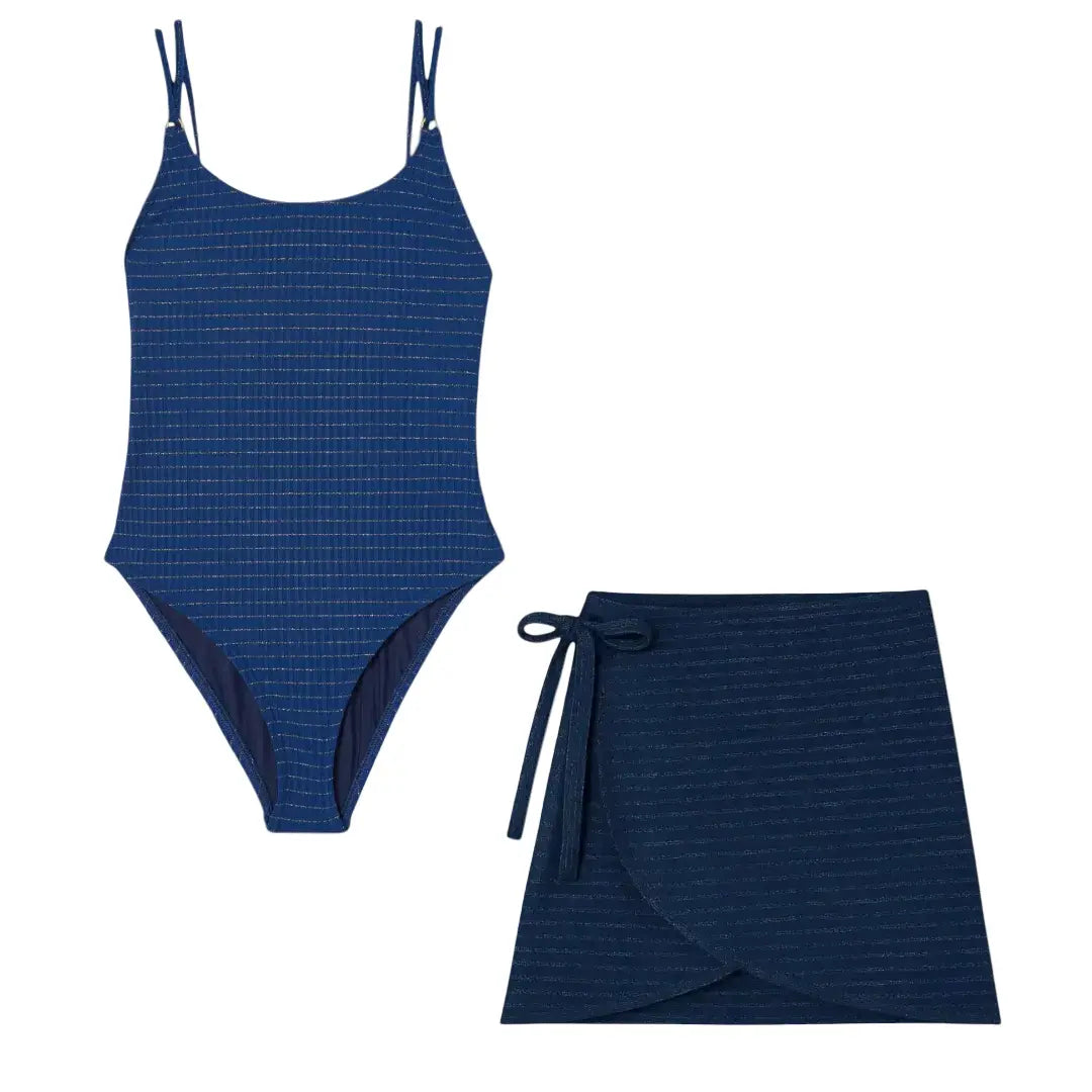 Navy Gold Stripe Swimsuit &amp; Wrap Skirt Set Lison Paris