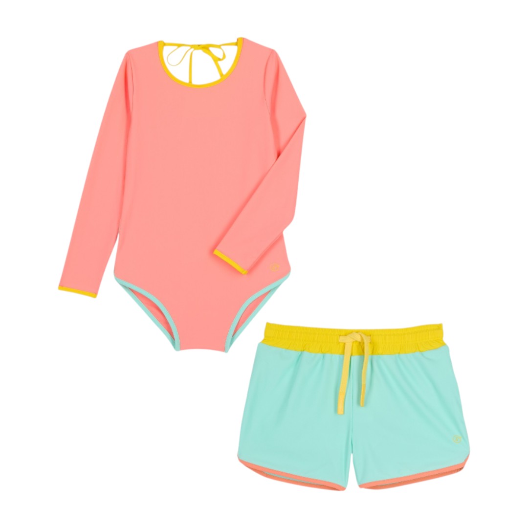 Peach Tie-Dye Swimsuit &amp; Turquoise Anti-uv Swim Shorts