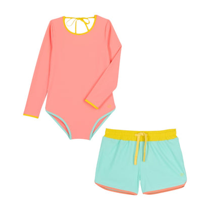 Peach Tie-Dye Swimsuit &amp; Turquoise Anti-uv Swim Shorts