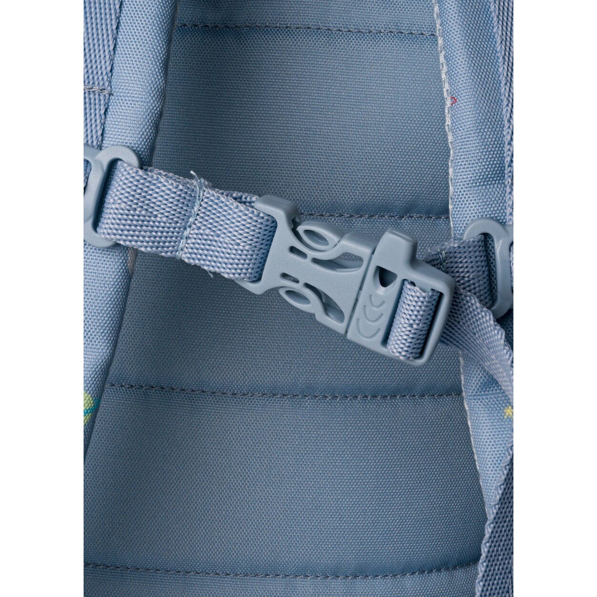 Close-up of the blue chest strap buckle on a Lil Bunnies - The Collective medium spaceship backpack