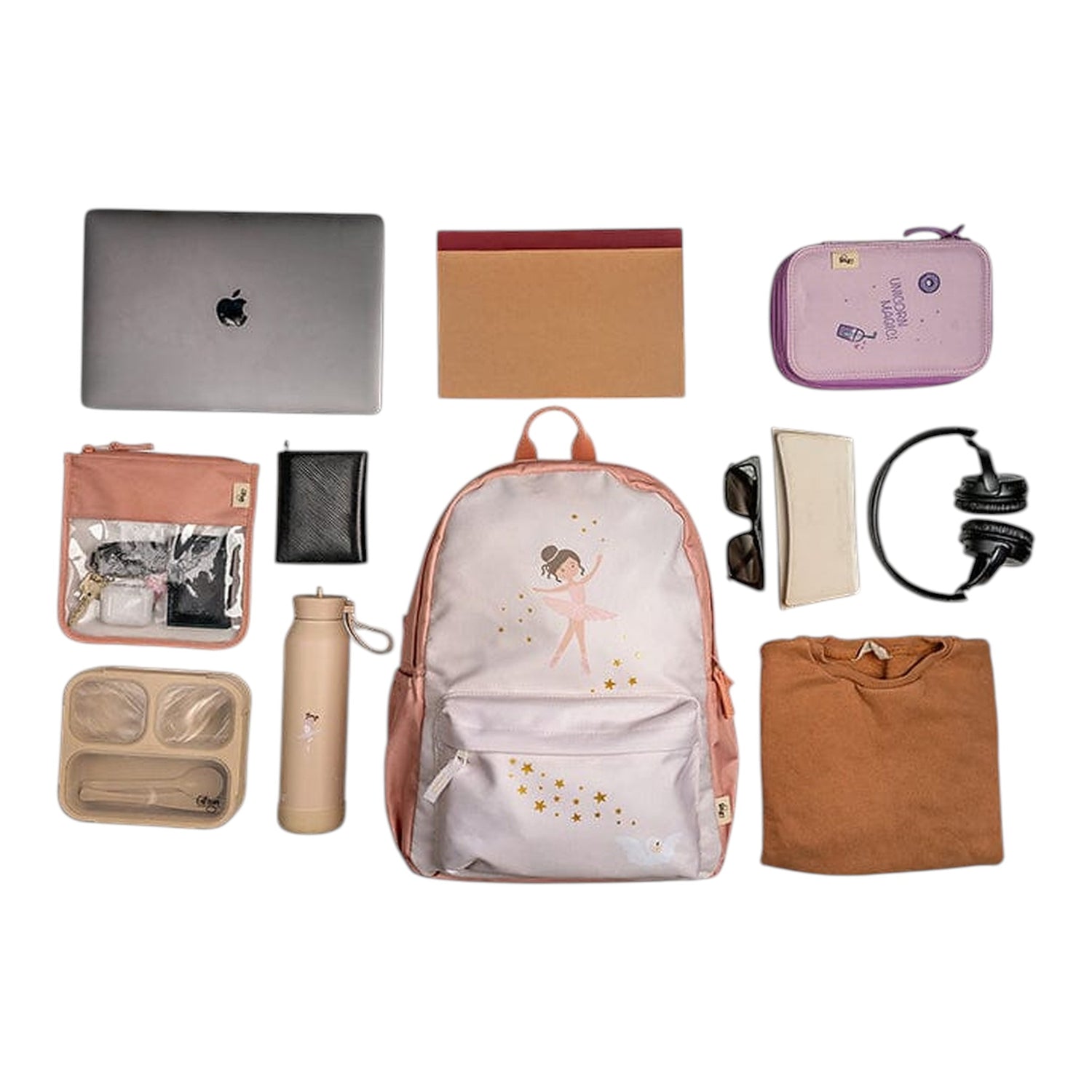 Lil Bunnies - The Collective Grand Backpack in ballerina print with school supplies, laptop, and accessories flat lay