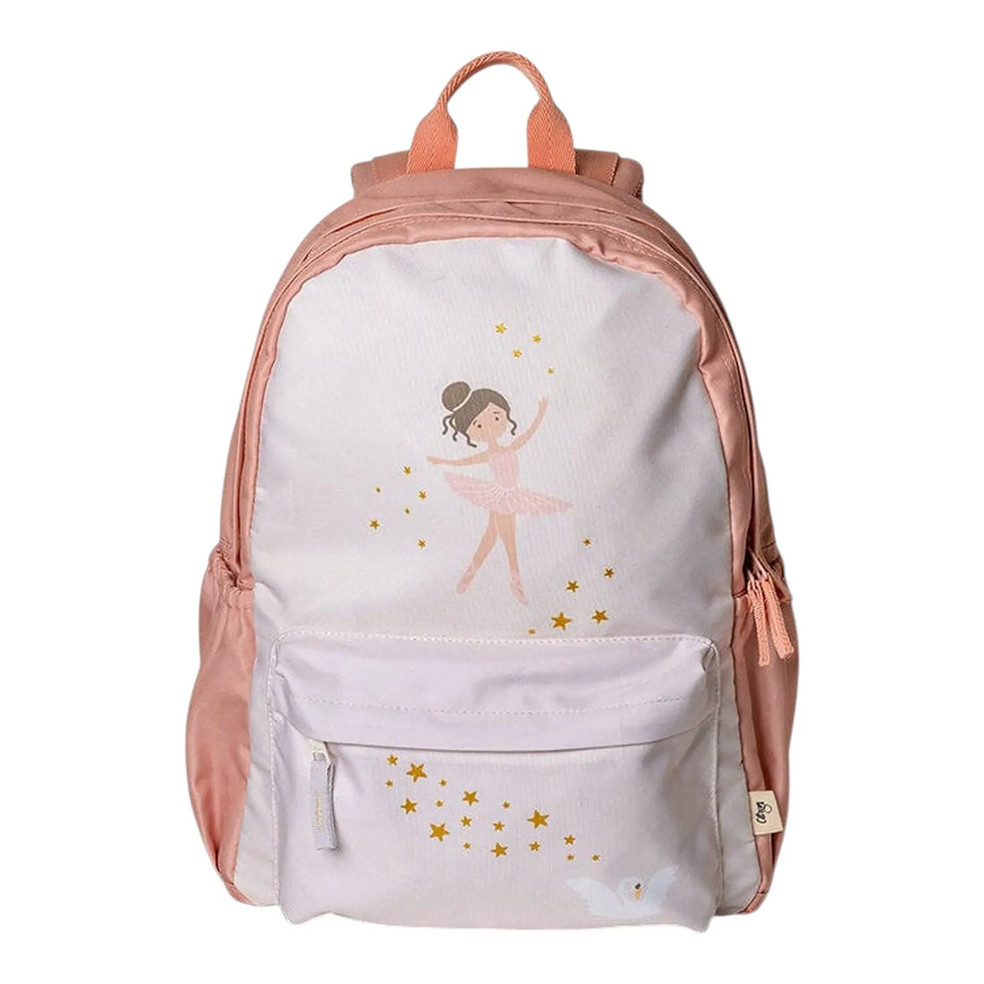Lil Bunnies - The Collective ballerina print backpack in dusty pink and off-white with gold star details.