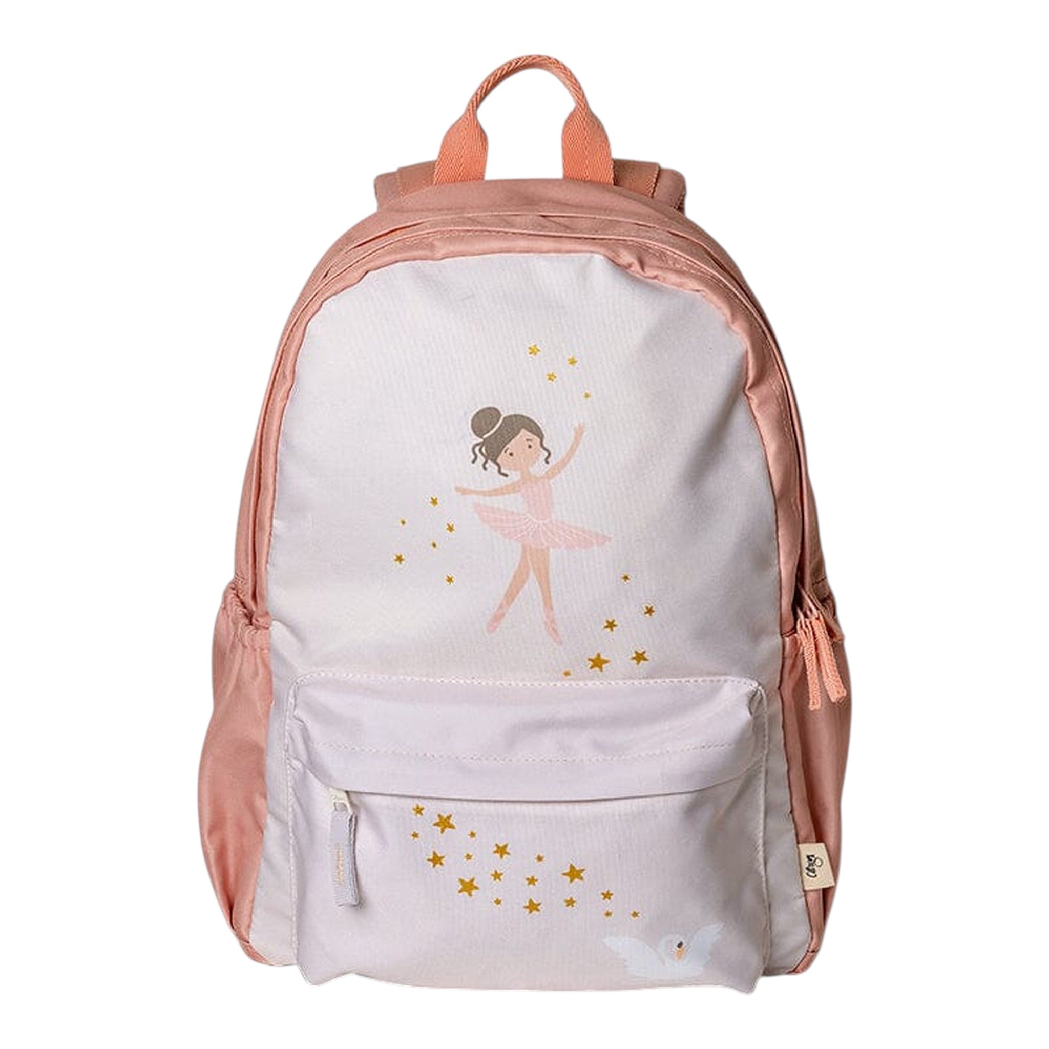 Lil Bunnies - The Collective ballerina print backpack in dusty pink and off-white with gold star details.