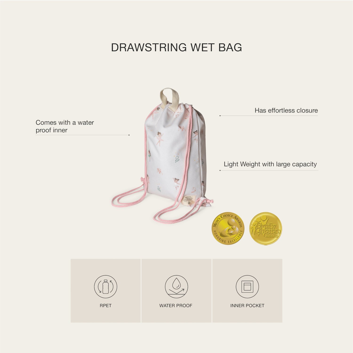 Lil Bunnies - The Collective drawstring wet bag featuring a whimsical ballerina print with pink cord straps.
