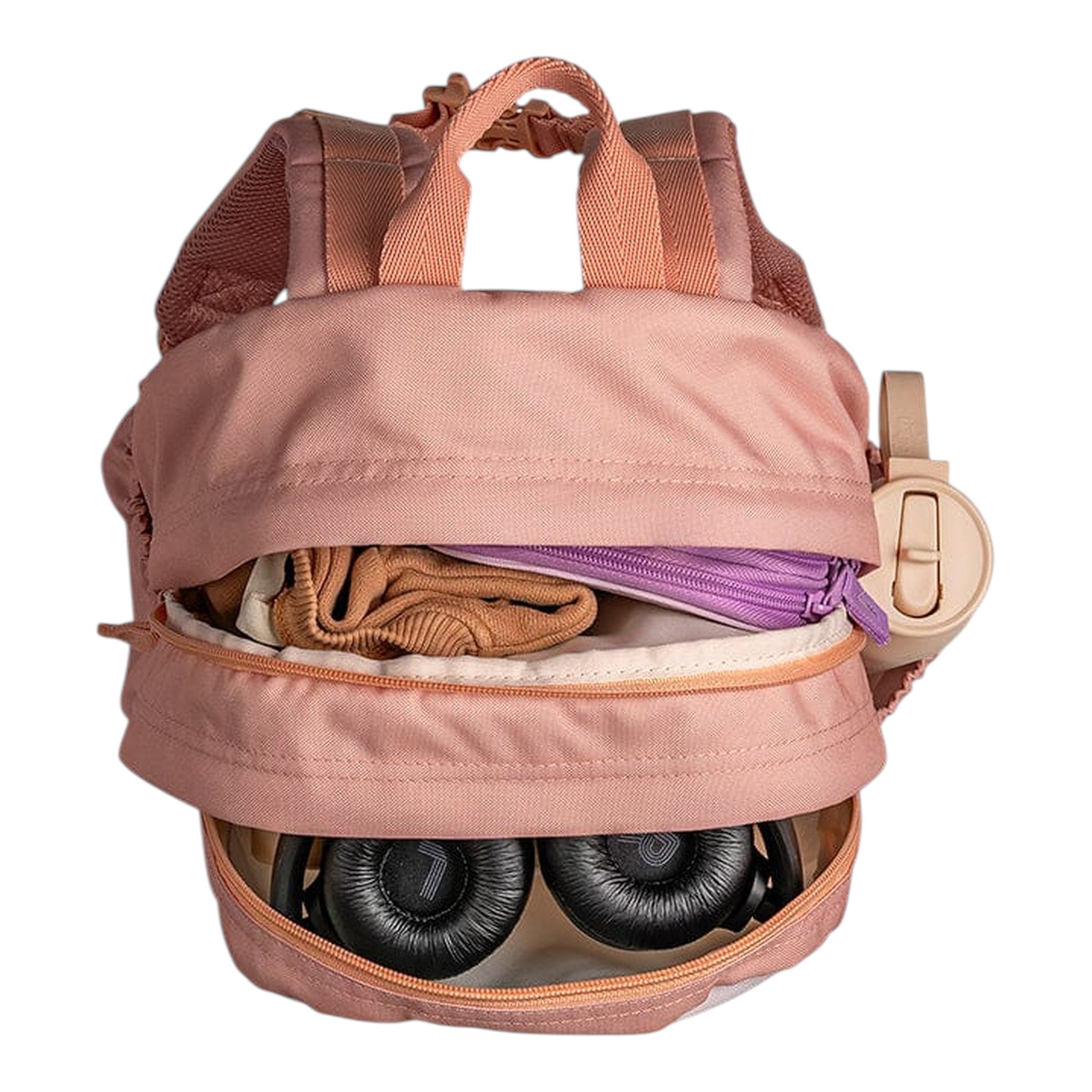 Lil Bunnies - The Collective Grand Backpack in ballerina pink with open zippered compartments showing packed items