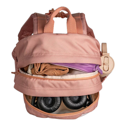 Lil Bunnies - The Collective Grand Backpack in ballerina pink with open zippered compartments showing packed items