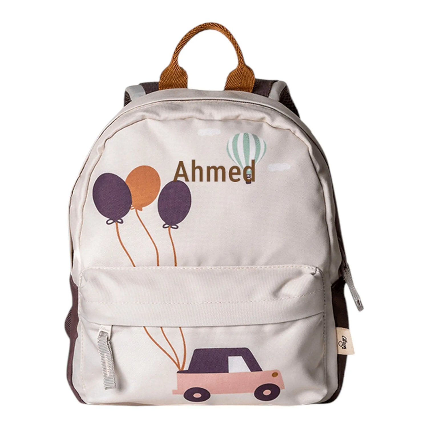 Lil Bunnies - The Collective mini backpack in beige featuring a car and balloon print with personalized Ahmed name