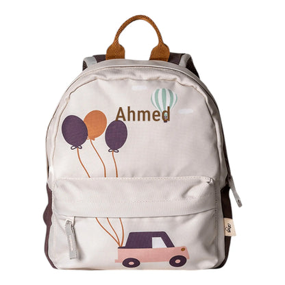 Lil Bunnies - The Collective mini backpack in beige featuring a car and balloon print with personalized Ahmed name
